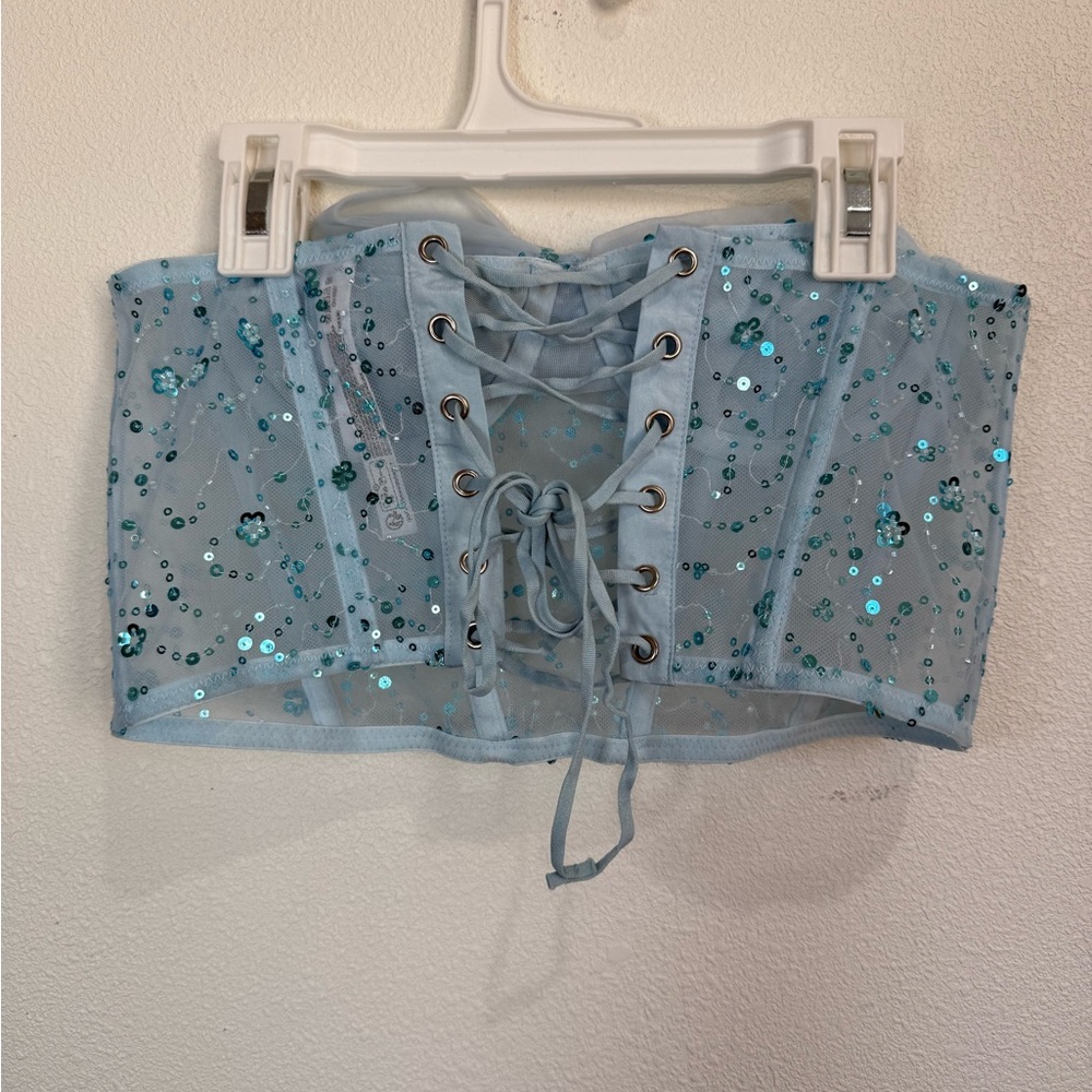 Out From Under UO Sequin Mesh Corset Top M | Fairycore Y2K Lace Up Bow Bustier - Picture 4 of 5
